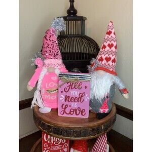 Pink Christmas Winter Gnome Couple, 3 Piece Set
